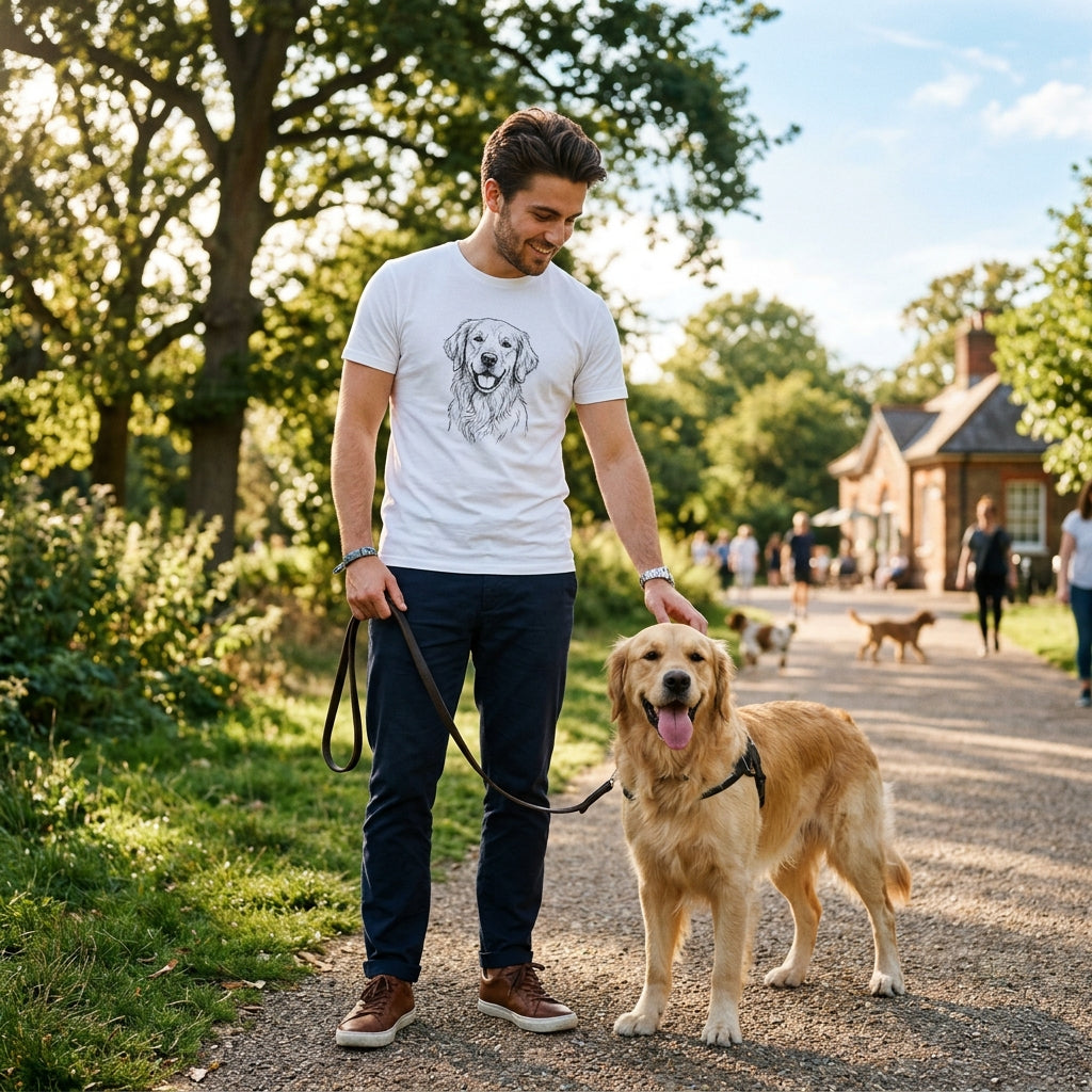 Kundenbewertung - Mann im Hunde-T-Shirt im Park
